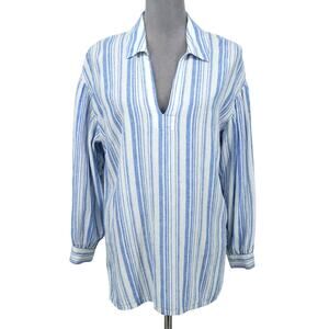 Cabi Top Womens Medium White Blue Stripe Linen Blend Blouse Beach Coastal